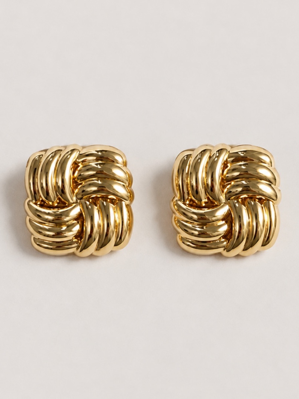 New! Gold Woven Patchwork Square Post Earrings 4001